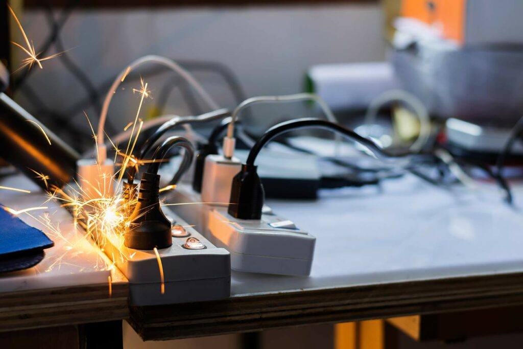 sparks coming from a plug that's plugged into a power strip, next to a second power strip on a table.