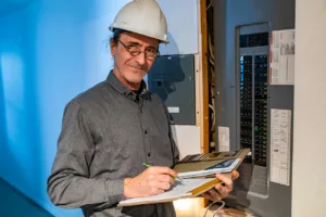 Man taking notes in front of open home electrical panel