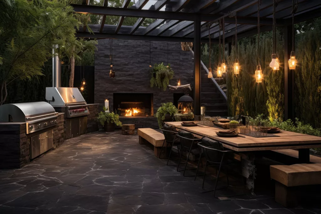 An outdoor kitchen with a grill and seating displays ambient pendant lights.