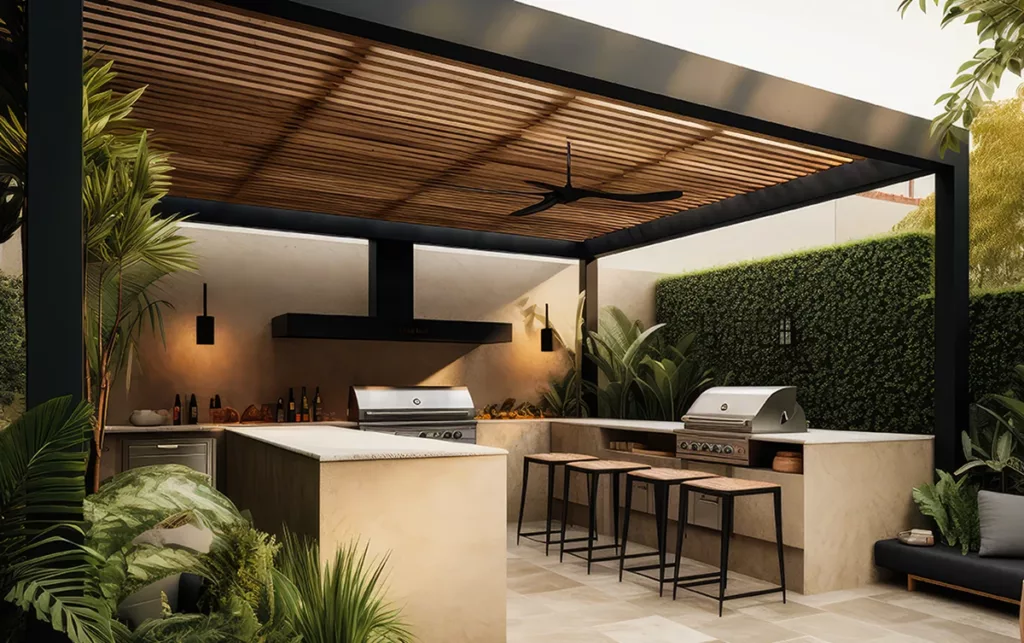 A beautiful outdoor kitchen and grilling area with exterior wall light sconces installed