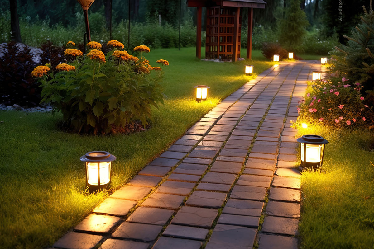 An outdoor backyard path is lined with pathway lighting and flowers.