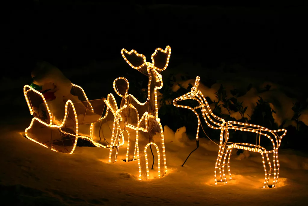 LED lights shaped like a reindeer decorate a front yard for the holidays.