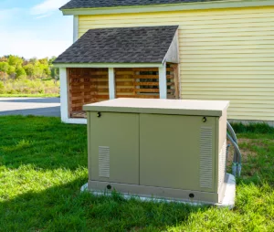 A residential standby generator outside of a yellow house