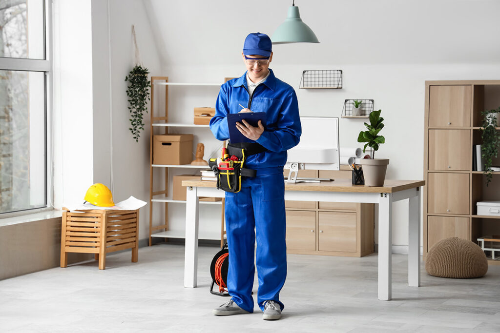 An electrician in a blue uniform stands in the middle of a room with a clipboard, completing a residential electrical inspection.