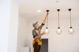 An electrician installing LED lights in a bright white kitchen, showing the concept of electrical upgrades that increase home value