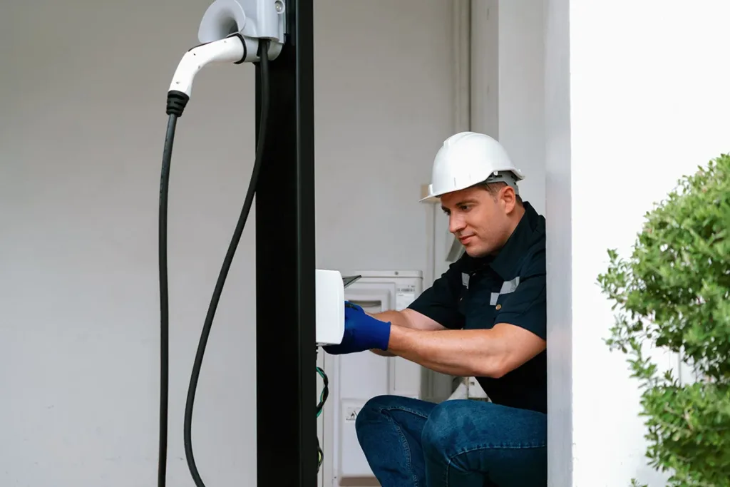 A licensed residential electrician wearing a black shirt and a white hard hat repairs an electric vehicle charger