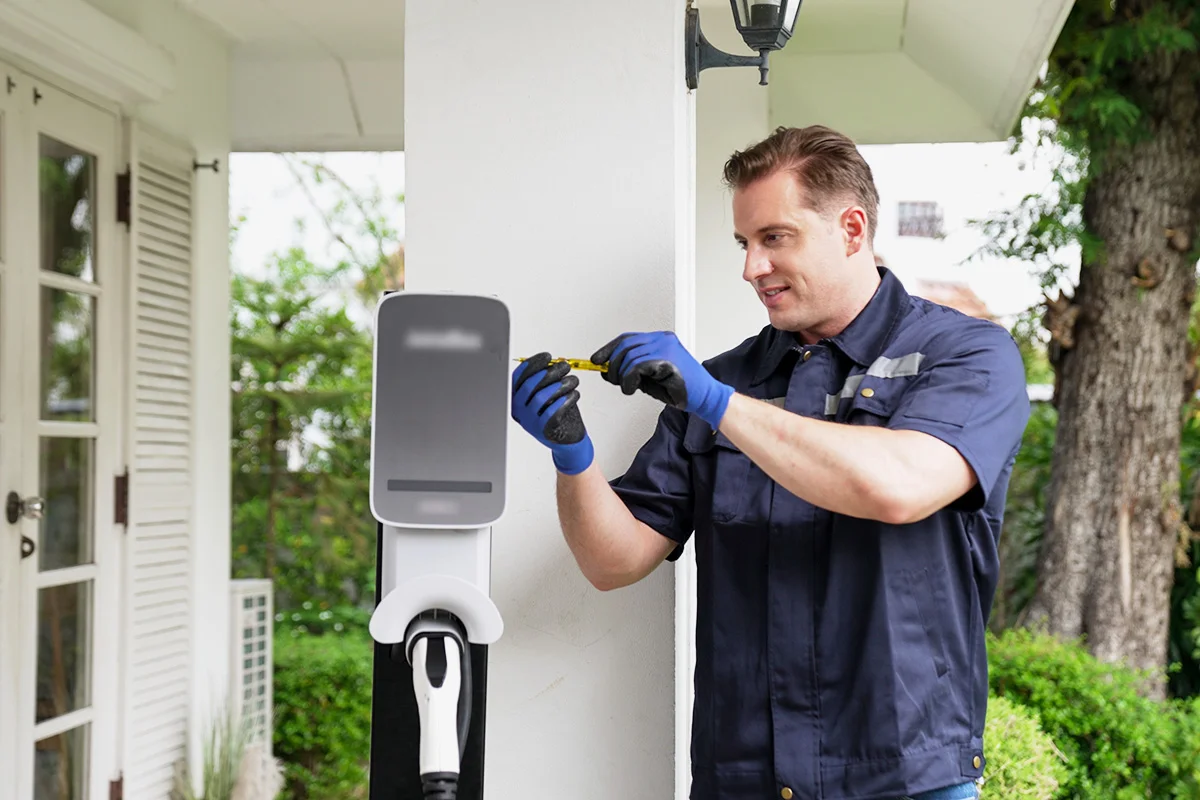 A licensed residential electrician in a blue shirt performs routine maintenance on a home EV charger (electric vehicle) in a front yard