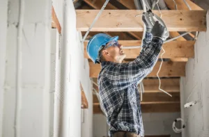 An electrician in a flannel and hard hat rewiring a home